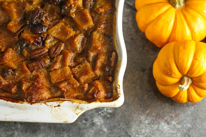 Pumpkin, Pecan and Cranberry Bread Pudding...this fun and festive dessert is the perfect finishing touch to this elegant dinner party menu for the holidays! #breadpudding