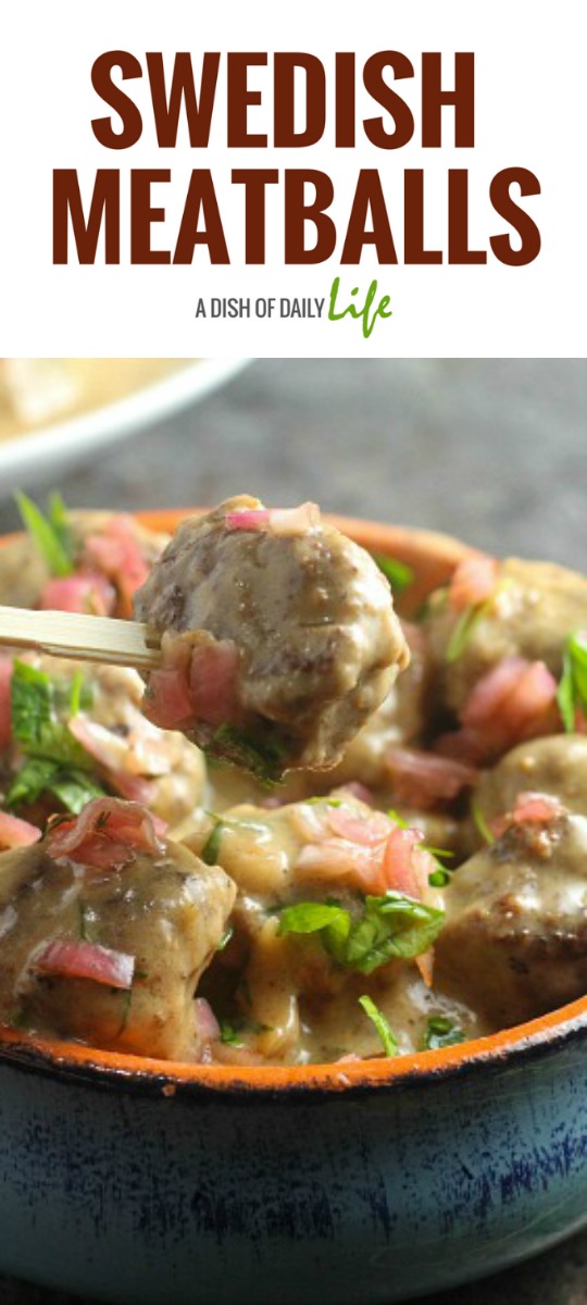 Swedish Meatballs, topped with pickled shallots, are the perfect starter to this elegant dinner party menu! #appetizer #meatballs #SwedishMeatballs