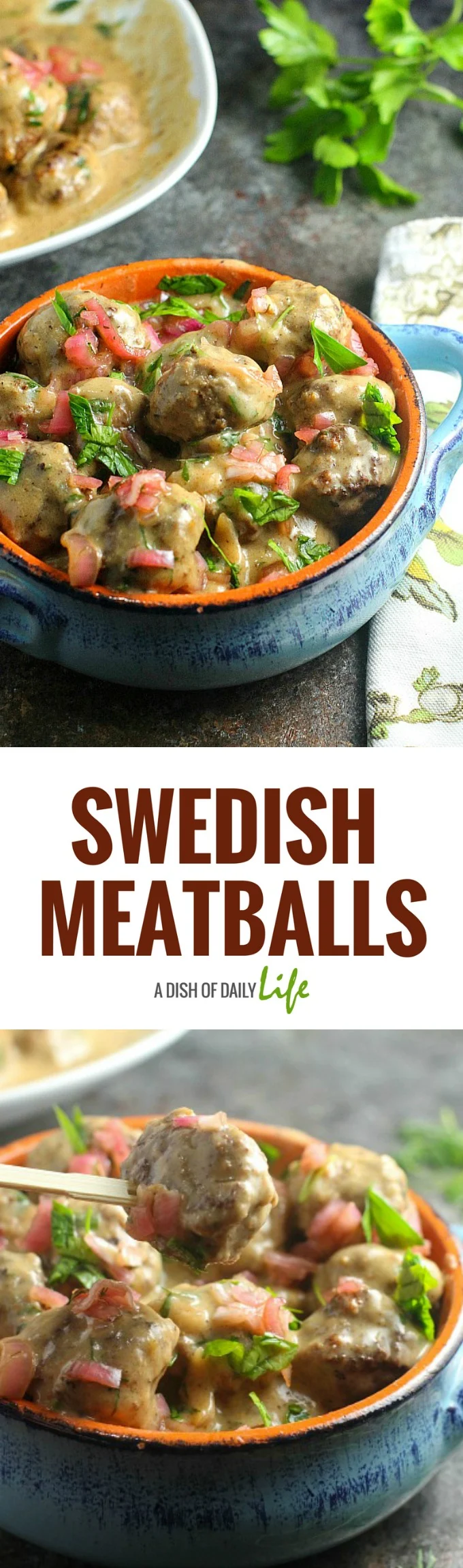Swedish Meatballs, topped with pickled shallots, are the perfect starter to this elegant dinner party menu! #appetizer #meatballs #SwedishMeatballs