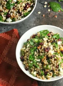 This easy Farro Salad with spinach, cranberries and feta, topped with balsamic dressing, is a delicious addition to your menu any time of year.&nbsp; You're going to love how healthy it is too!