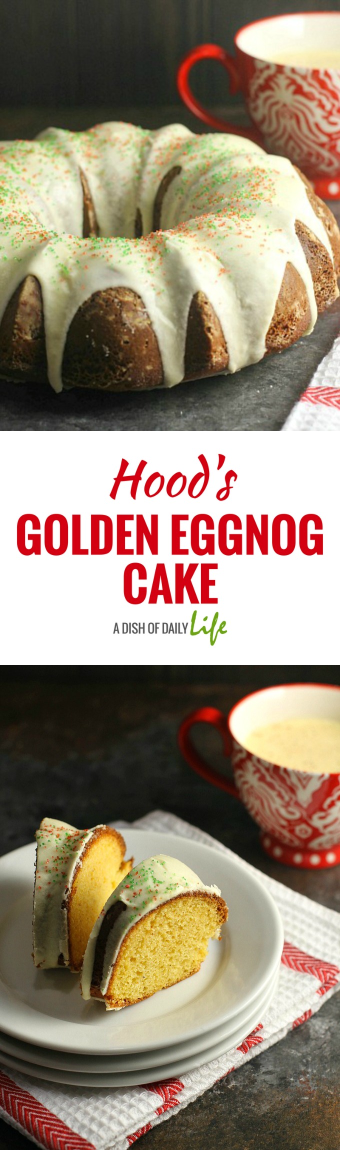 Your holiday guests will love this moist Hood® Golden Eggnog Cake, coated with a delicious eggnog glaze and a sprinkling of holiday sugar. Easy to make and absolutely scrumptious!