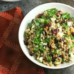 This easy Farro Salad with spinach, cranberries and feta, topped with balsamic dressing, is a delicious addition to your menu any time of year.