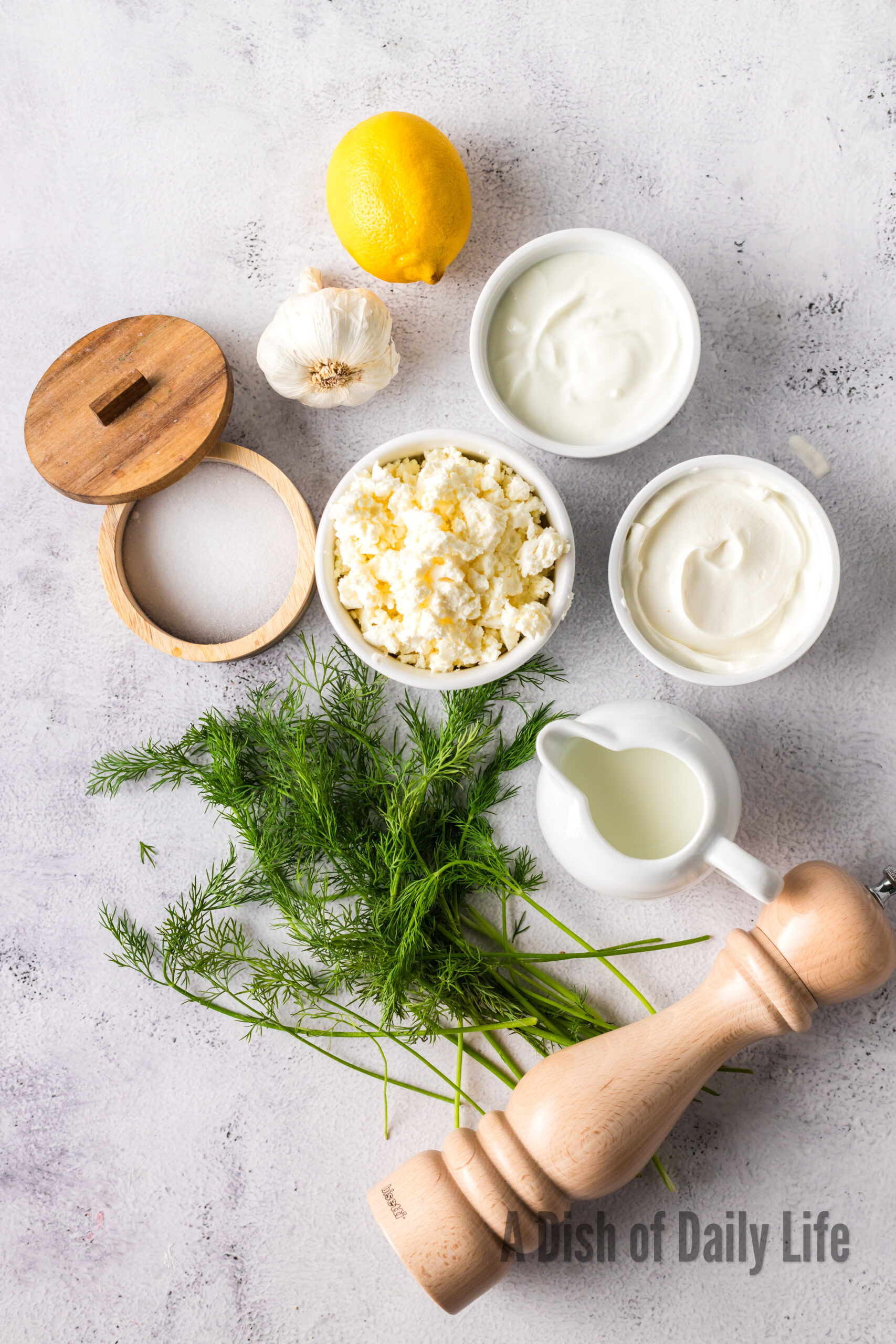 All ingredients laid out on counter for feta dill dip