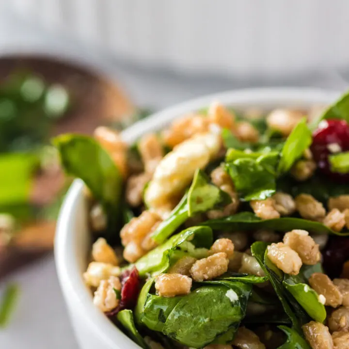 close up side view of salad in an individual bowl