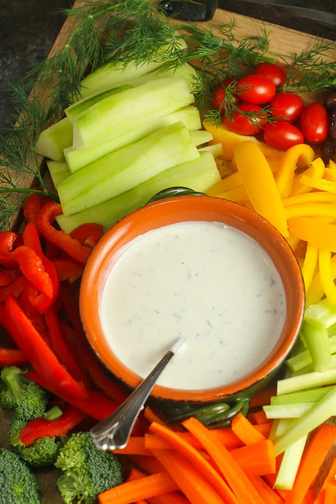 This healthy and delicious homemade Feta Dill Dip is a perfect addition to a Crudité platter for any party — and doubles as a salad dressing as well! #Appetizer | #Dip | #Feta | #Dill | #SaladDressing