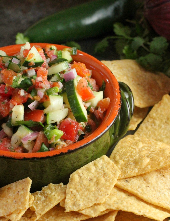 Serve this delicious Cucumber Salsa with chips for a party perfect appetizer, enjoy it as a salad, or as an easy topping for grilled chicken or fish!