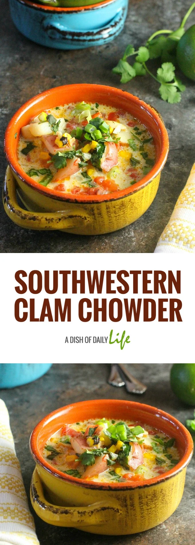 This Southwestern Clam Chowder takes a New England classic and gives it a Southwestern twist with roasted Poblano peppers and fire roasted tomatoes.