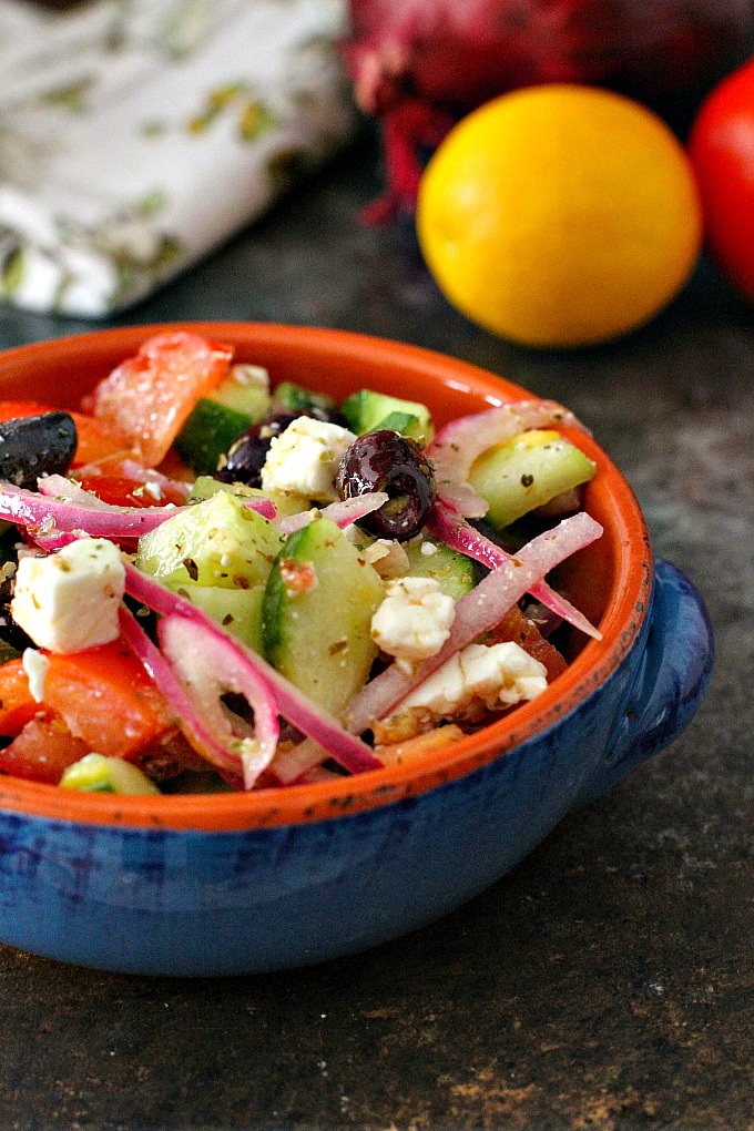 This adapted version of the traditional Greek Salad features an addictive vinaigrette! For fullest flavor, let it sit overnight.