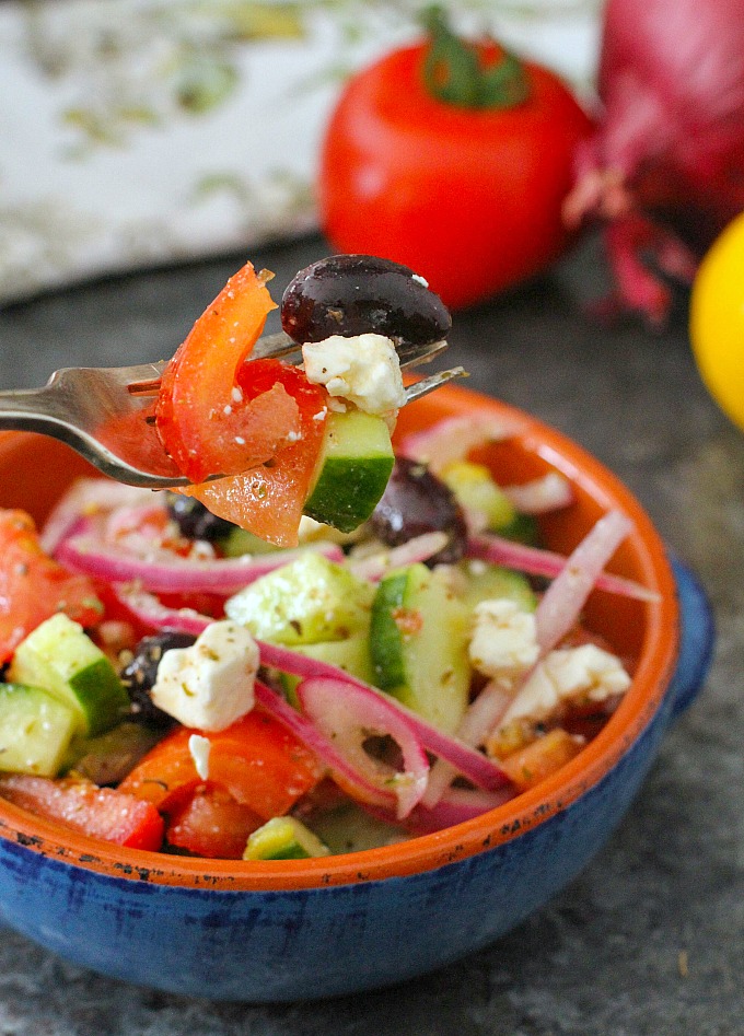 This adapted version of the traditional Greek Salad features an addictive vinaigrette! For fullest flavor, let it sit overnight.