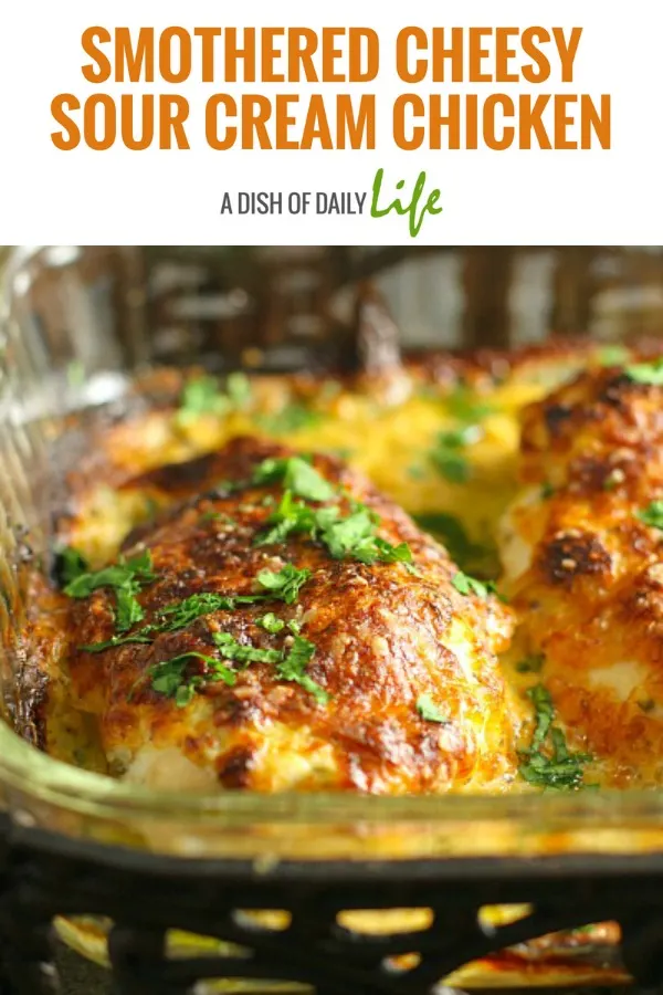 Smothered Cheesy Sour Cream Chicken: Fast, easy, delicious baked chicken dish that the whole family will LOVE! 10 min prep time & the oven takes care of the rest! #chicken #easydinners #familydinners