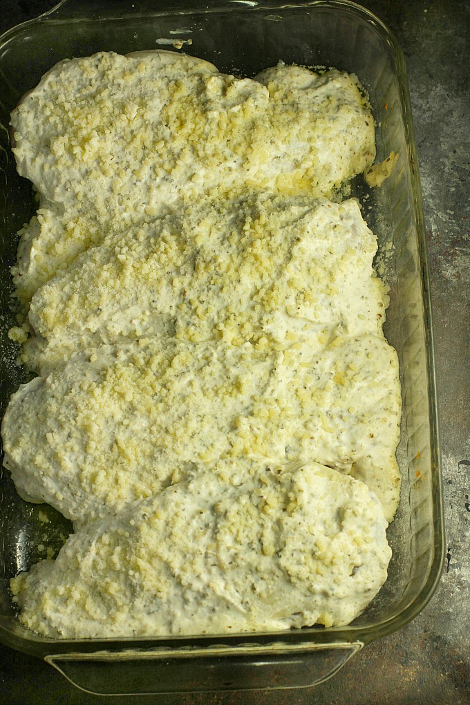 chicken breasts laid out in casserole dish with sour cream mixture on top. Unbaked
