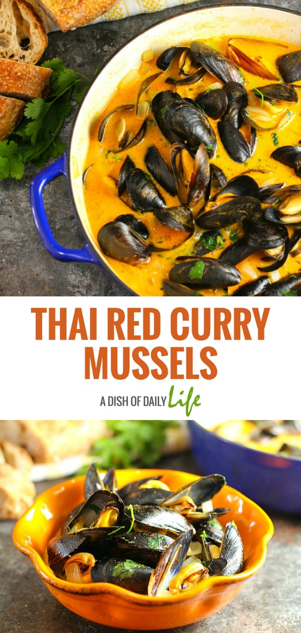 These Thai Red Curry Mussels are steamed in an absolutely mouthwatering broth...you're going to want some crusty bread on hand to mop up that delicious sauce! Easy, inexpensive, and elegant...this is the perfect appetizer recipe for special occasions and works great as a main dish as well !#Thai | #Seafood | #Mussels | #Appetizer | #MainDish | #PartyRecipes | #EasyRecipe | #FathersDay | #NewYearsEve | #Christmas | #holidayappetizer