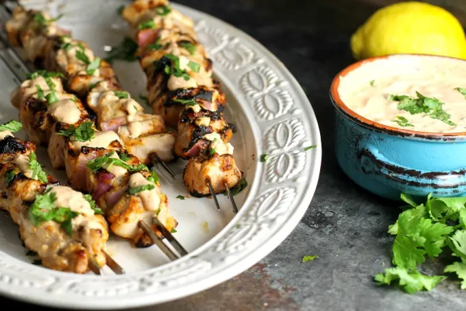 Grilled Chicken Skewers with Mediterranean spiced Sour Cream Dipping Sauce on the side