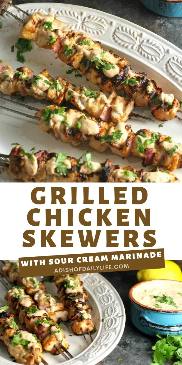 The sour cream marinade doubles as a dipping sauce for these delicious Grilled Chicken Skewers! This easy grilling recipe is one the whole family will love!