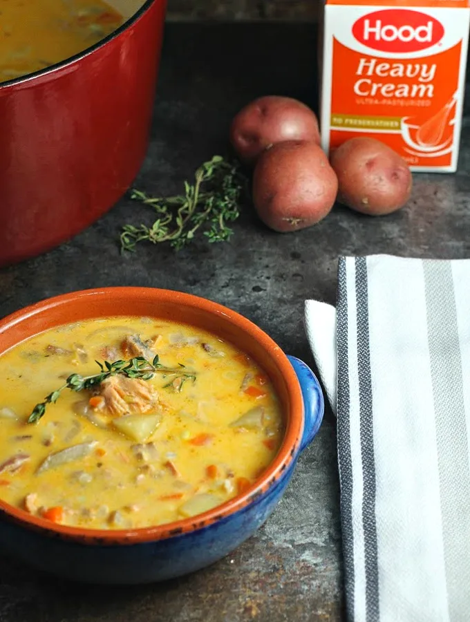 Salmon Corn Chowder is a delicious and healthy, easy weeknight meal using canned salmon that can be on the table in about 40 minutes!