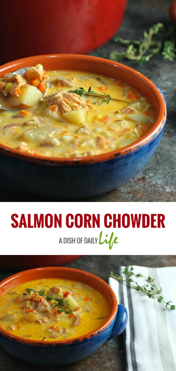 Salmon Corn Chowder is a healthy, easy weeknight meal using canned salmon that can be on the table in about 40 minutes!