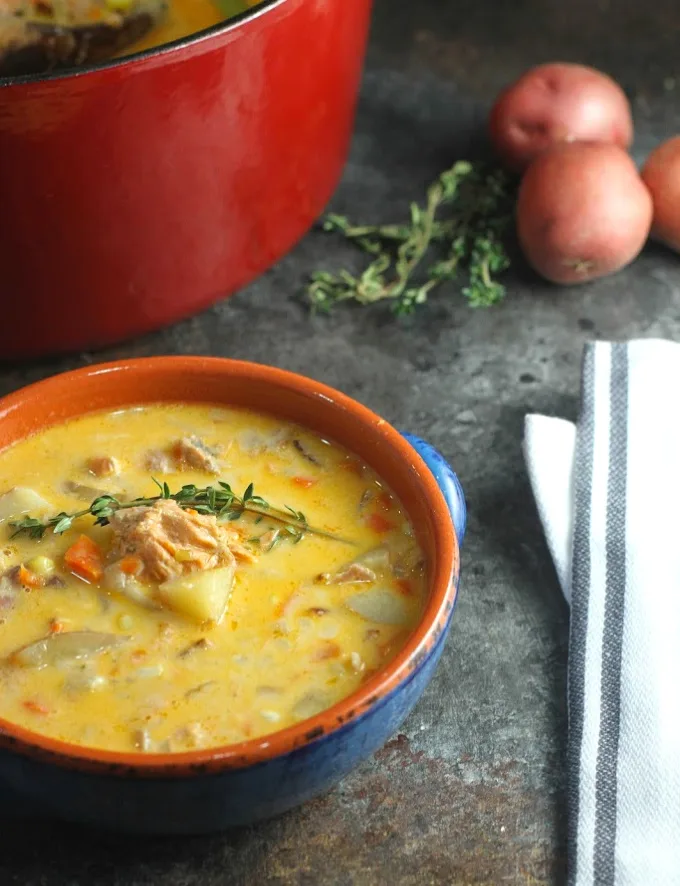 Salmon Corn Chowder is a delicious and healthy, easy weeknight meal using canned salmon that can be on the table in about 40 minutes!
