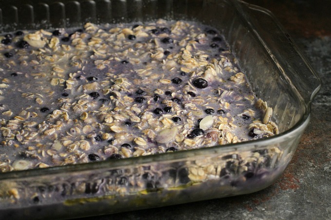 Baked Oatmeal with blueberries and bananas about to go in oven