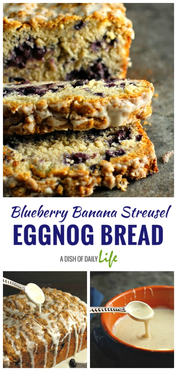 Blueberry Banana Streusel Eggnog Bread with eggnog glaze…definitely a MUST MAKE this holiday season! Perfect for a Christmas breakfast, brunch, or even dessert! Includes a helpful tip to keep your batter from turning blue when you use frozen blueberries. #holidaybreakfast #holidaybrunch #Christmasbread #Christmasbreakfast #Christmasbrunch #eggnog 