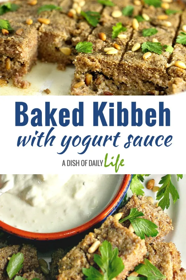 Baked Kibbeh with Yogurt Sauce...a Middle Eastern favorite! #Arabic #MiddleEastern #familyrecipes #lamb #appetizer #maindish #kibbe #kibbi