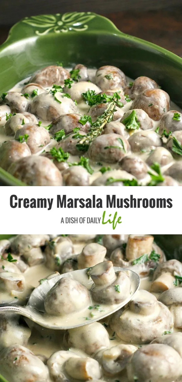 Creamy Marsala Mushrooms are the perfect appetizer for a holiday party, special occasion, or even a romantic dinner! The Creamy Marsala sauce is the most AMAZING sauce ever…you’re going to need some crusty bread to mop the sauce up with! These mushrooms are versatile as well...you can also use them as a side dish, or slice them before cooking and use them as a topper for chicken or steak! #appetizer #Christmas #NewYears #mushrooms #sidedish