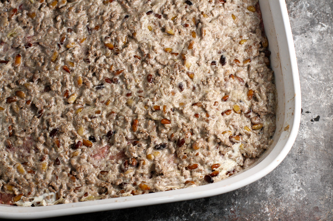 Baked Kibbeh in the layering stage. This shows the Kibbeh Stuffing, the middle layer. 