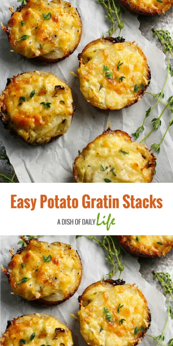 These Potato Gratin Stacks are a great short cut option for the more time consuming Potatoes Au Gratin casserole dish. They’re just as delicious, and they’re easier to make! #SideDish #Easter #Christmas #Thanksgiving #PotatoesAuGratin #Potatoes #PotatoesGratin