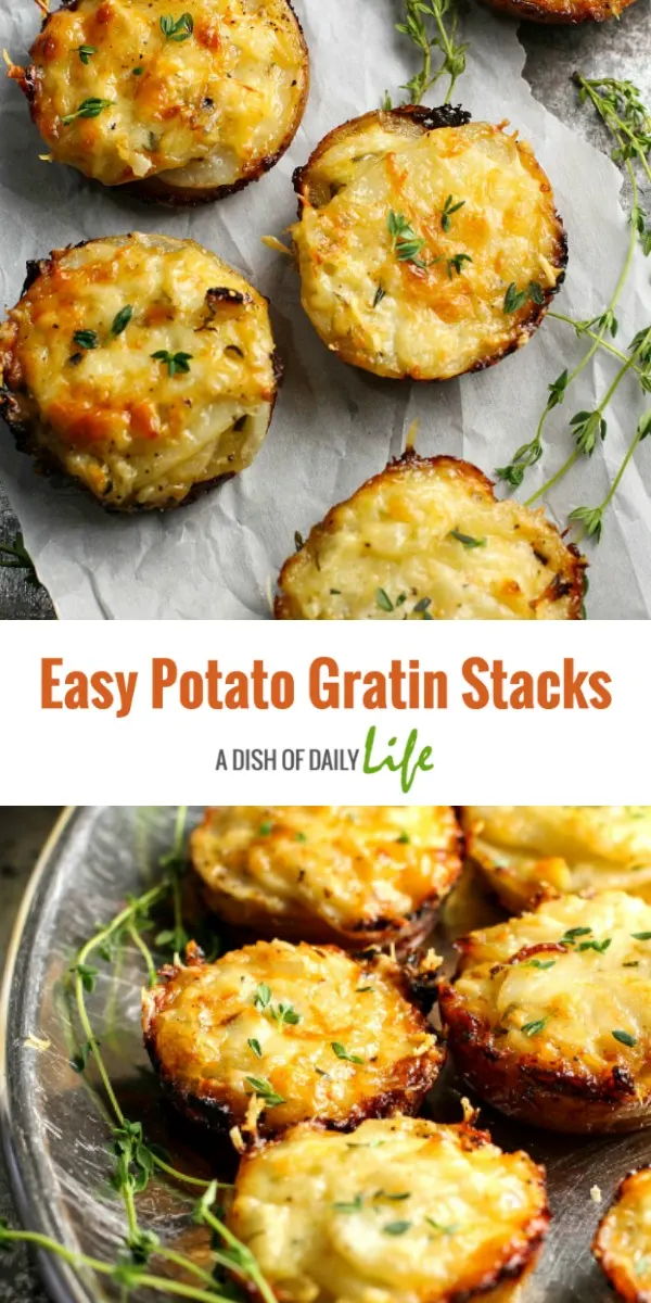 These Potato Gratin Stacks are a great short cut option for the more time consuming Potatoes Au Gratin casserole dish. They’re just as delicious, and they’re easier to make! #SideDish #Easter #Christmas #Thanksgiving #PotatoesAuGratin #Potatoes #PotatoesGratin