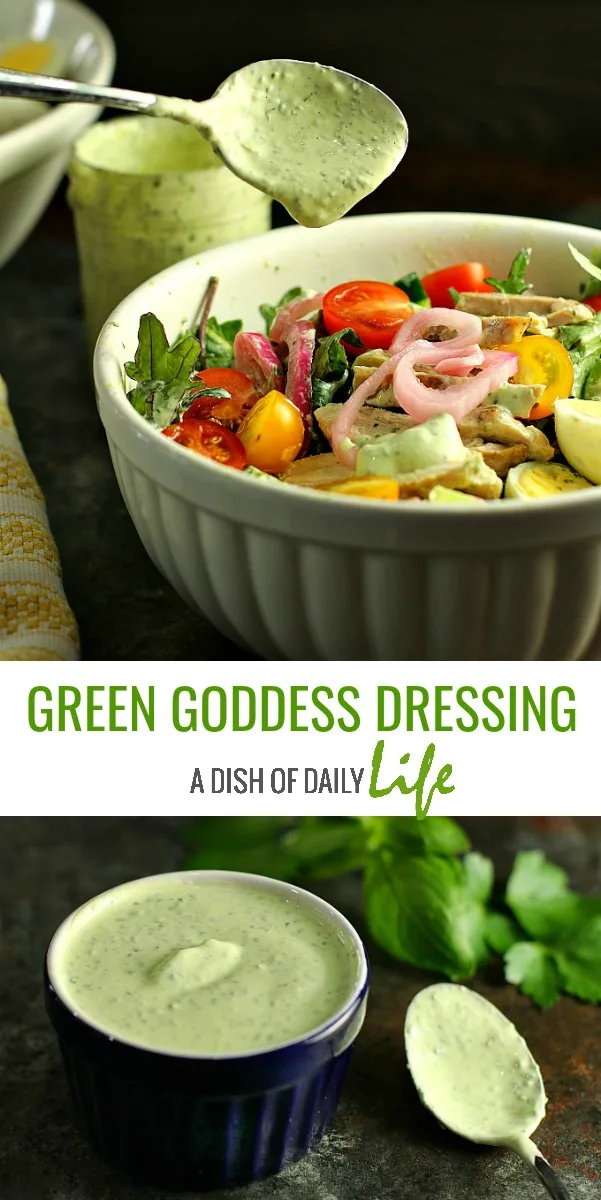 Swap out the sour cream for Greek yogurt in this "lightened" up version of Green Goddess Dressing! This delicious classic salad dressing doubles as a vegetable dip, and takes only minutes to make! #saladdressing #greengoddess #appetizer #vegetabledip 