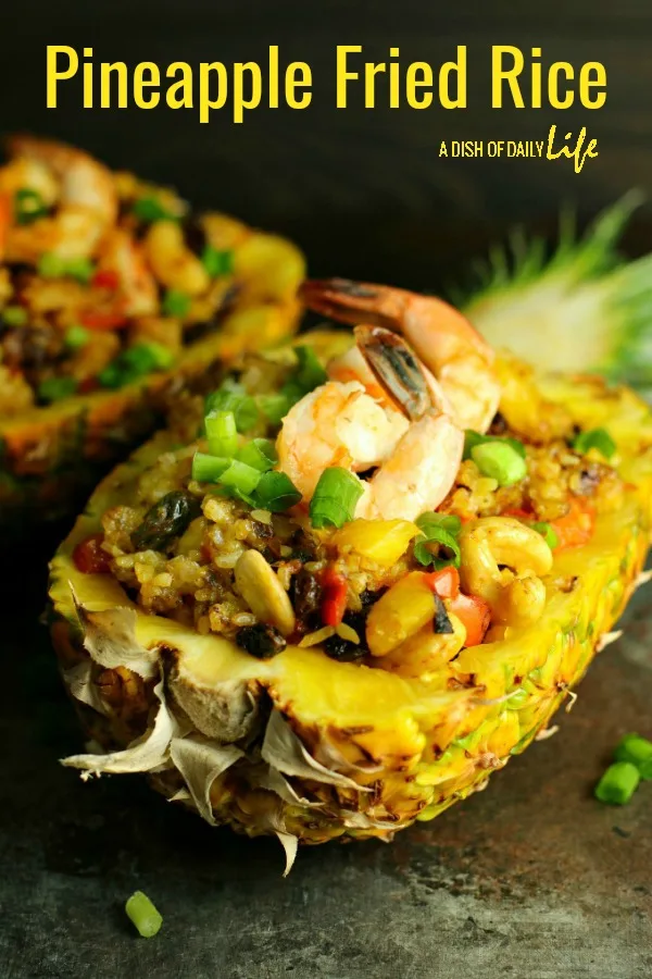 Pineapple Fried Rice is a fancy fried rice with pineapple, cashews, raisins, and a hint of curry. Skip the shrimp if you'd like and make it vegetarian. Serve it in a hollowed out pineapple to impress your guests!