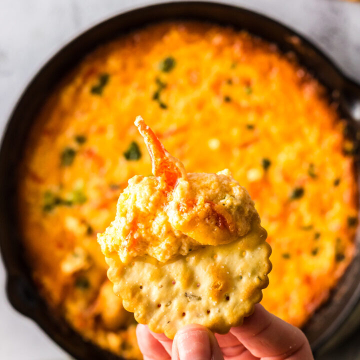 Hand holding cracker with dip on cracker being held up above dip.