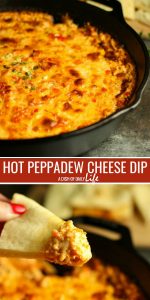 Hot Peppadew Cheese Dip...an easy crowd-pleasing appetizer! The mixture of savory cheeses along with the sweet heat of Peppadew peppers is the perfection combination…one bite and you will be hooked! #tailgate #gameday #appetizer #dip #cheesedip #cheese #Peppadews #PeppadewPeppers #hotdip