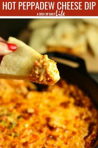 Hot Peppadew Cheese Dip...an easy crowd-pleasing appetizer! The mixture of savory cheeses along with the sweet heat of Peppadew peppers is the perfection combination…one bite and you will be hooked! #tailgate #gameday #appetizer #dip #cheesedip #cheese #Peppadews #PeppadewPeppers #hotdip