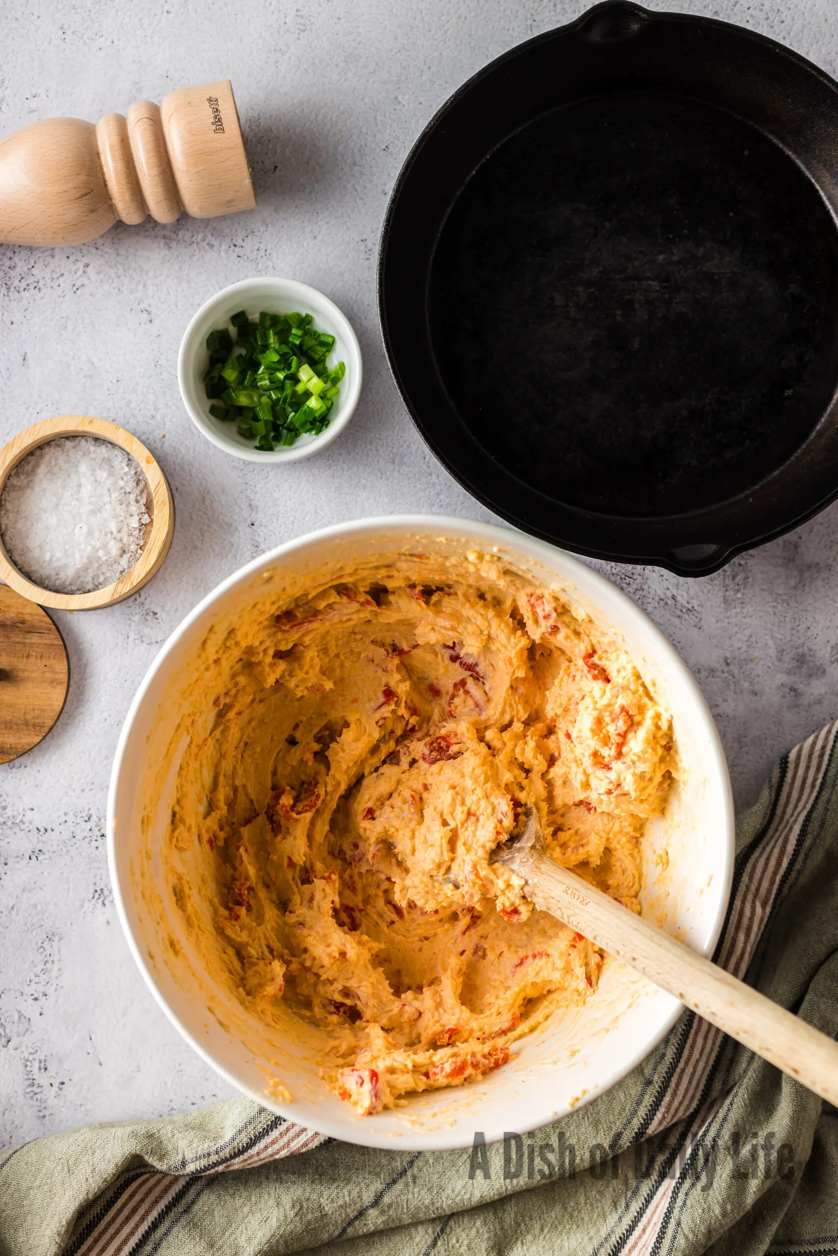 all ingredients for dip mixed in a bowl