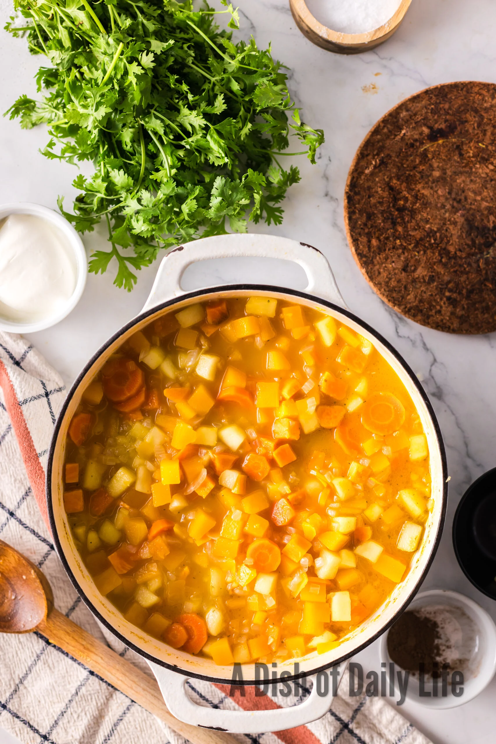 All vegetables cooked in soup pot and ready to blend.