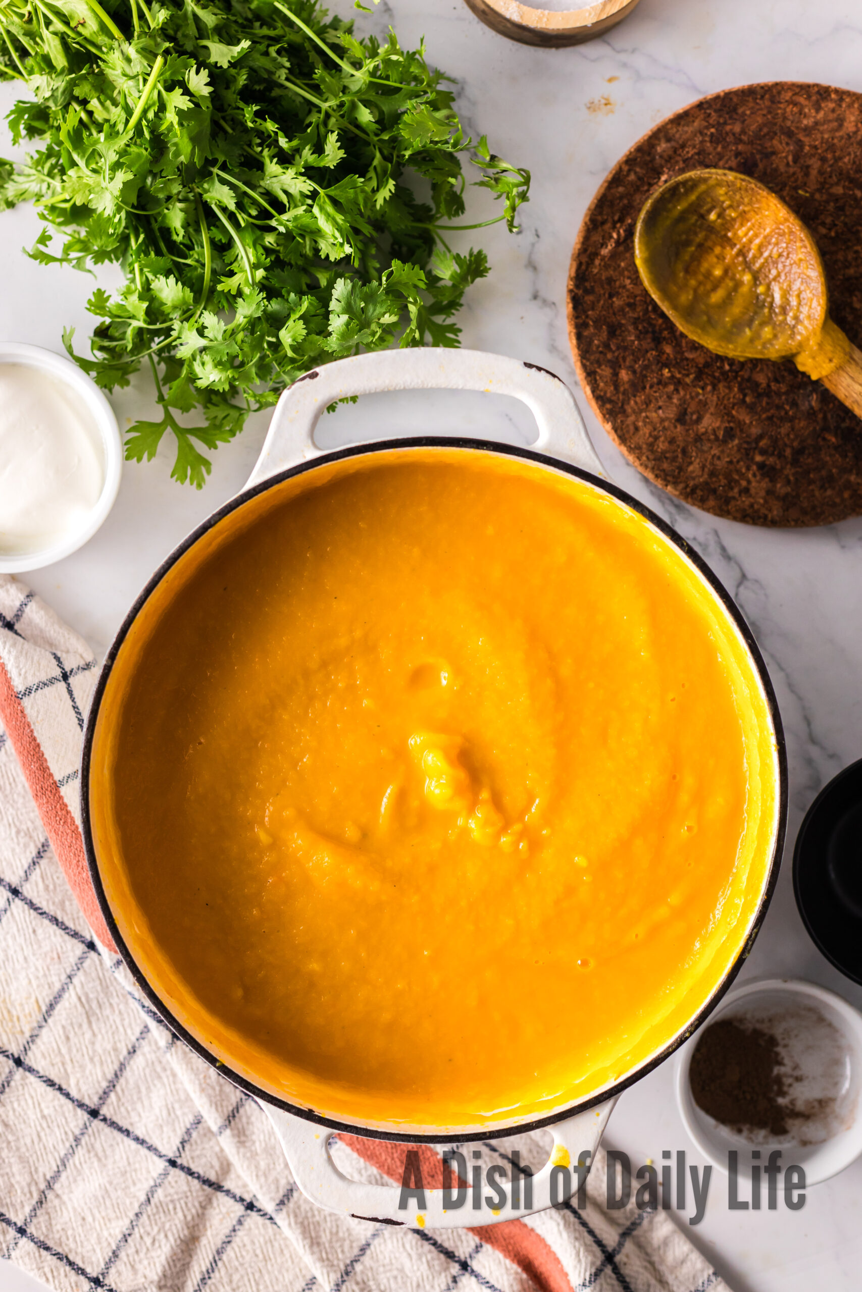 Blended soup in pot.