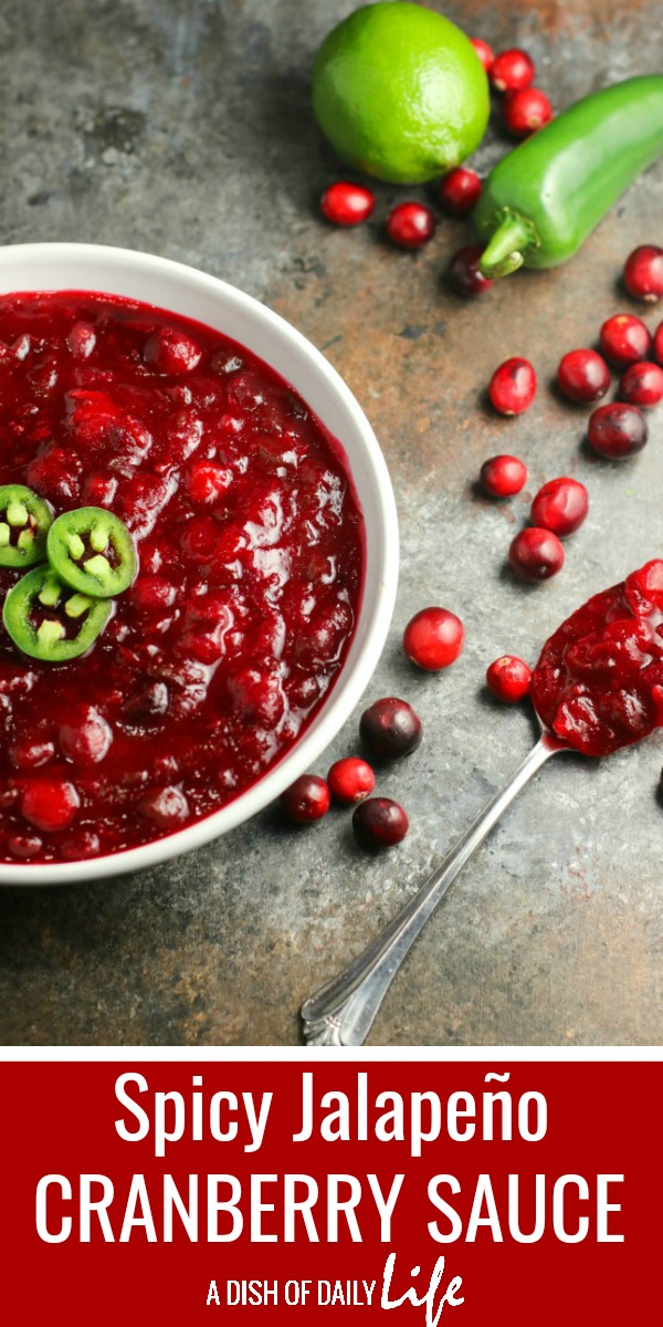 Jalapeños and lime give this Spicy Jalapeño Cranberry Sauce a unique flavor all its own. You're going to love the combination of the sweet, tart and spicy! #cranberrysauce #Thanksgiving #Christmas #appetizer #sidedish #holidayrecipe