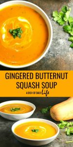 Gingered Butternut Squash Soup…a combination of butternut squash, sweet potato, carrots, and apples, accented by the delicate sweetness of ginger, and finished off with rich, creamy crème fraiche and cilantro. The result? A delicious soup worthy of a special occasion! #butternutsquash #soup #appetizer #holidayrecipes #Thanksgiving #Christmas