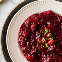 top view looking down at cranberry sauce in a serving bowl.