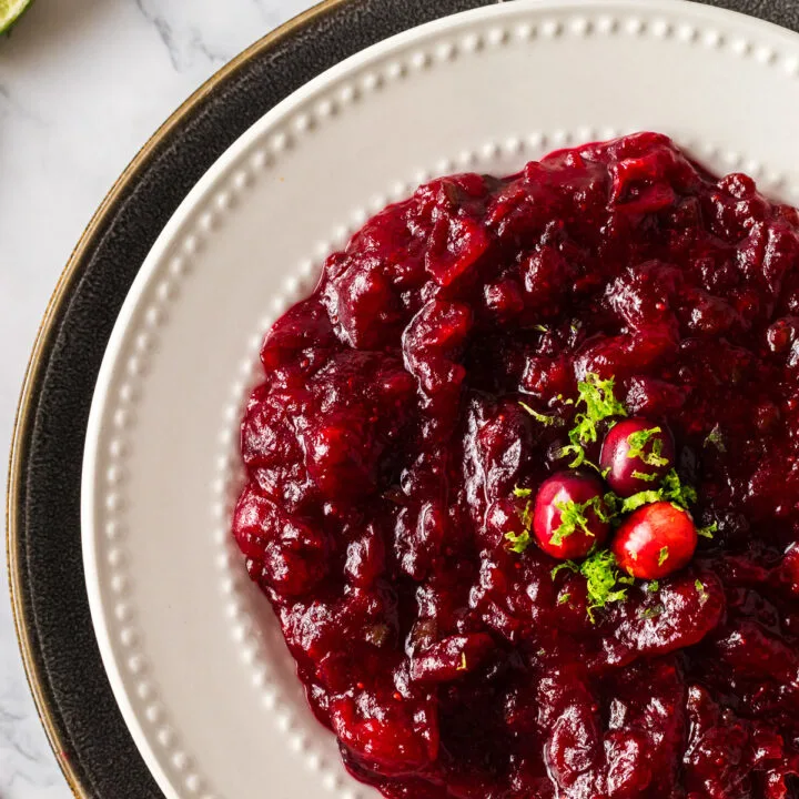 top view looking down at cranberry sauce in a serving bowl.