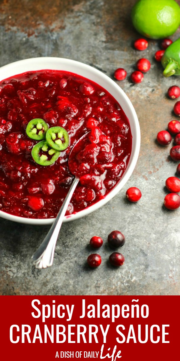 Jalapeños and lime give this Spicy Jalapeño Cranberry Sauce a unique flavor all its own. You're going to love the combination of the sweet, tart and spicy! #cranberrysauce #Thanksgiving #Christmas #appetizer #sidedish #holidayrecipe