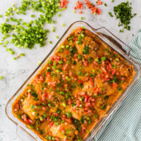 Baked Sour Cream Chicken thighs topped with tomatoes, green onions and cilantro.