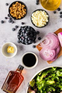 All ingredients for blueberry salad laid out on the counter.