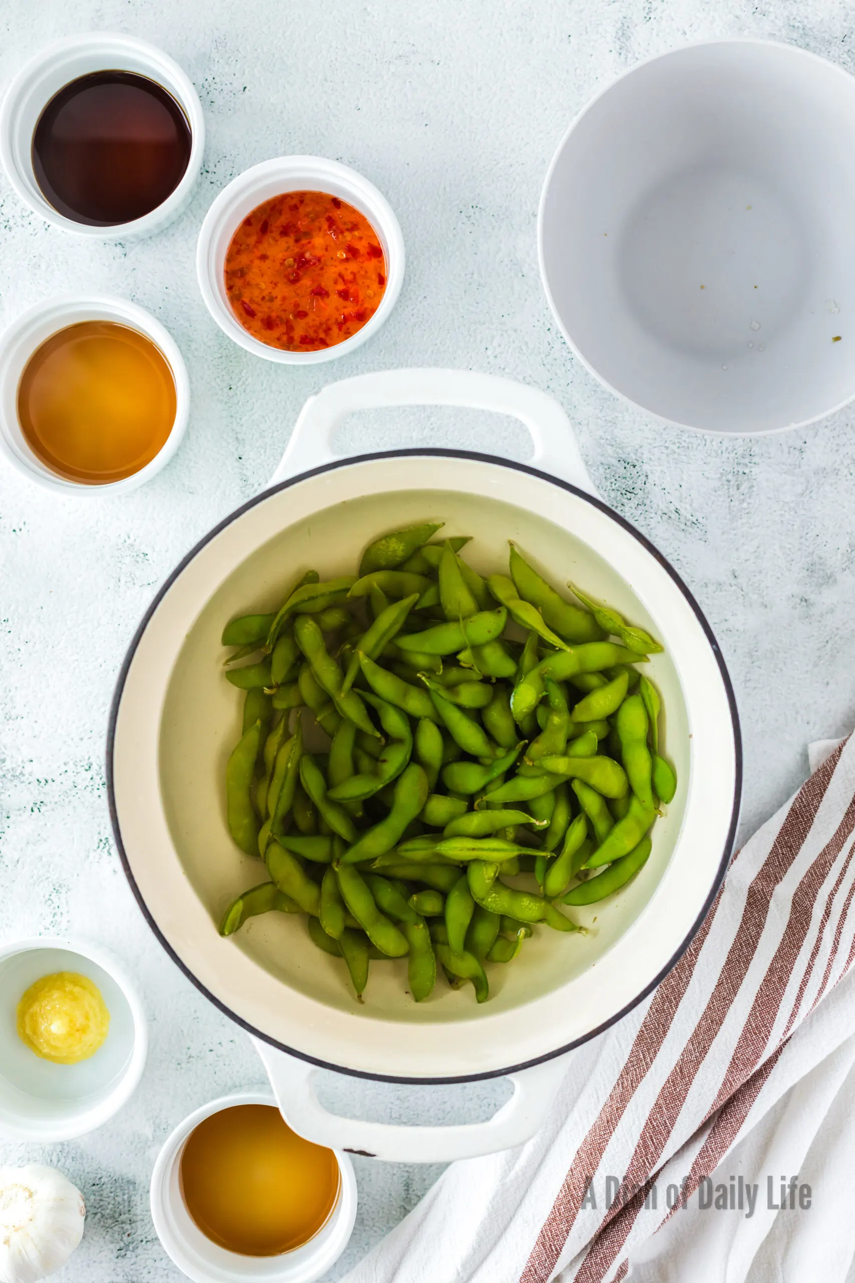 Boiled edamame in a pot