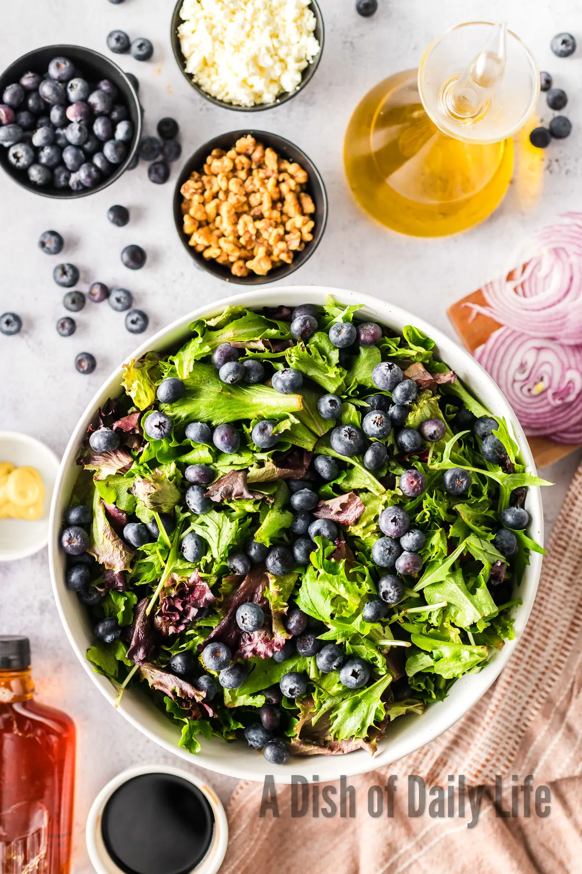 Spring Mix salad in a bowl with fresh blueberries on top.