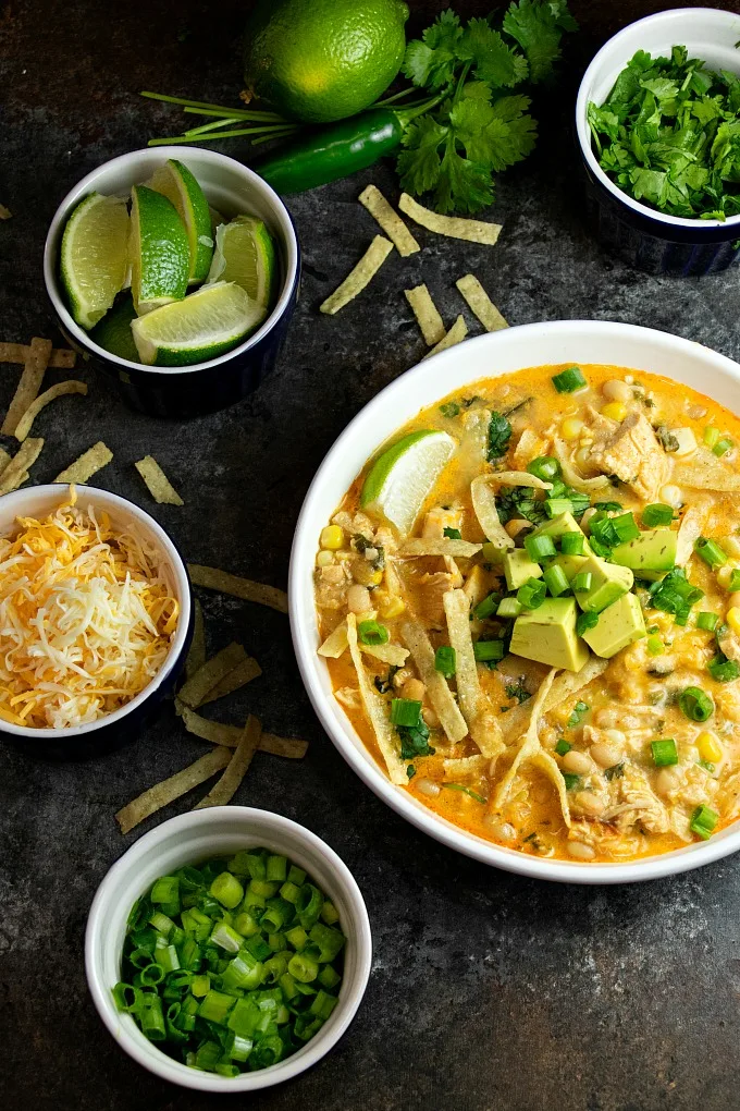 White Chicken Corn Chili with topping options