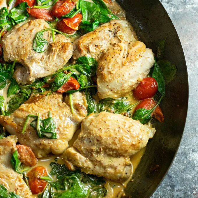 Mustard Cream Chicken with Spinach and Tomatoes