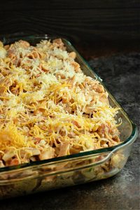 Mexican Taco Noodle Casserole, ready to go into oven