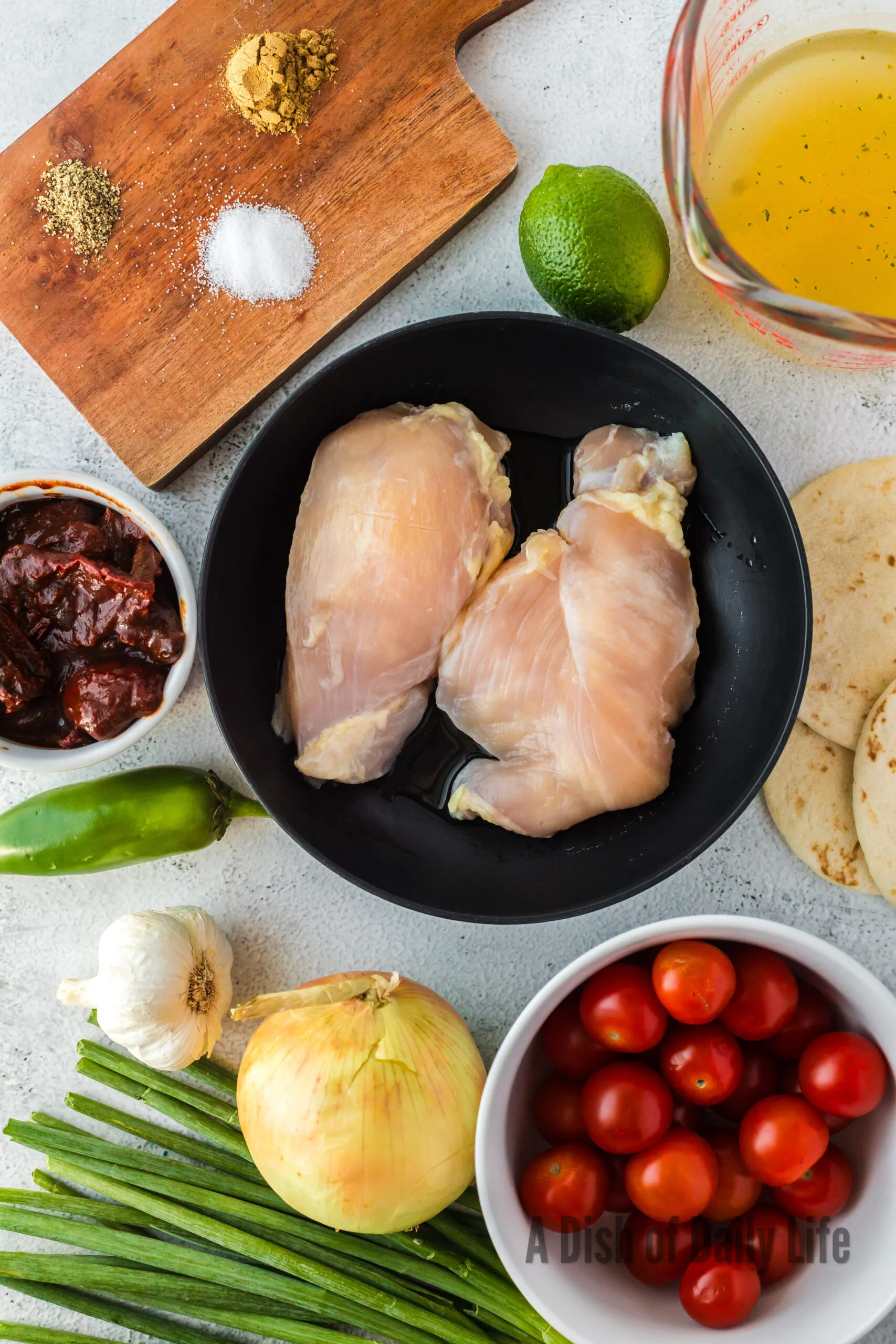 All ingredients for smoky street tacos laid out on counter