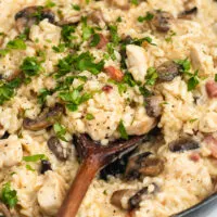 zoomed in image of risotto in pan, ready to serve